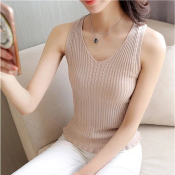 

Knitted vest Women Top Rib V-neck camisole casual Ruffle Tanks Female tops cami Stylish sleeveless Slim Pink vests femme 2020