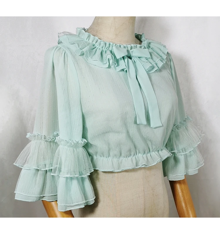 Fresh sweet lolita top kawaii girl peter pan collar victorian shirt loose top lolita shirt loli ruffled chiffon bell sleeve