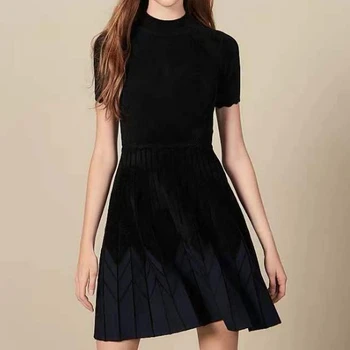 

Runway Turtlececk Striped Women Dress Summer A-Line Female Short Sleeve Knitted Vestidos Slim Fit Office Ladies Midi Dress