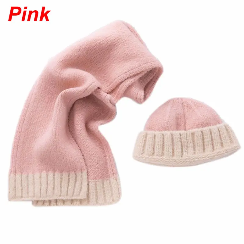 Pink Зимняя теплая детская шапочка-шарф; Модный комплект; 2 цвета; вязаные детские шарфы - Цвет: Pink