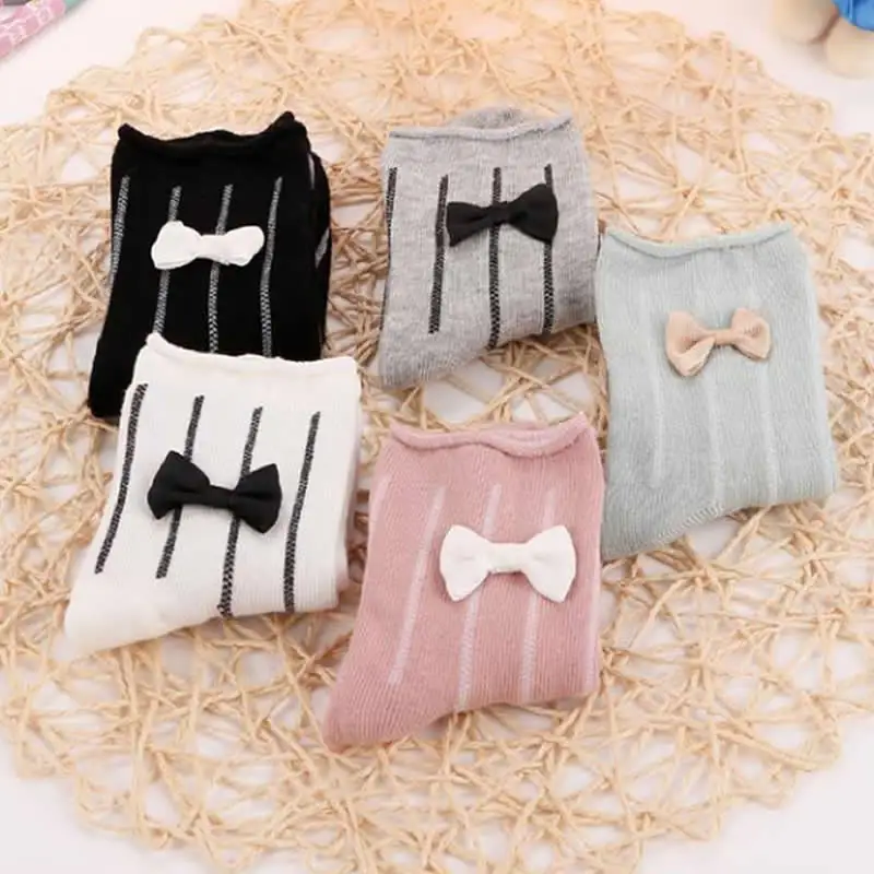 spring full lap bowknot girl's socks Sweet vertical stripes children's socks Comfortable kids girl cotton bow sock 5pair/