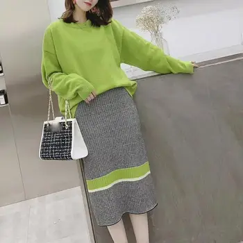 

2019 Autumn New Arrived Women Knitting Sweater Skirt Suits Bright Color Winter Knitting Outfit 2Pcs Sets Knitted