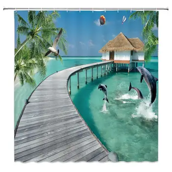 

Ocean Shower Curtain Green Palm Tree Wooden Bridge Dolphin Sea Water Decor Fabric Bath Curtains Bathroom Accessories Waterproof