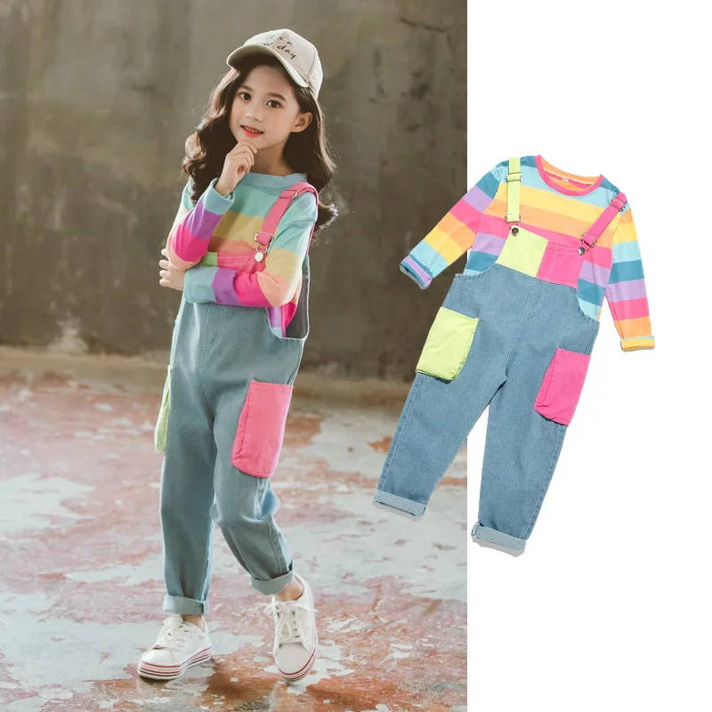 Комплекты одежды для девочек Весенняя детская разноцветная рубашка в полоску+ комбинезон, 2 предмета, осенняя джинсовая одежда для подростков 8, 10, 12 лет