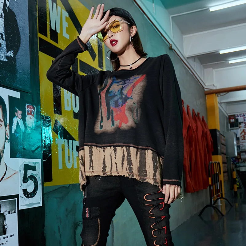 

2020 Spring Vintage Tees Loose Waist Tops For Woman O Neck Long Sleeve Shirts Patchwork Word Printing Casual Shirts A110Z40