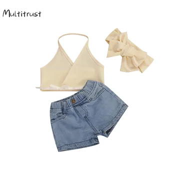 

2020 Summer Toddler Baby Girls V-neck Chiffon Vest Tops + Denim Shorts 2pcs Outfits Clothes Set 1-5Y