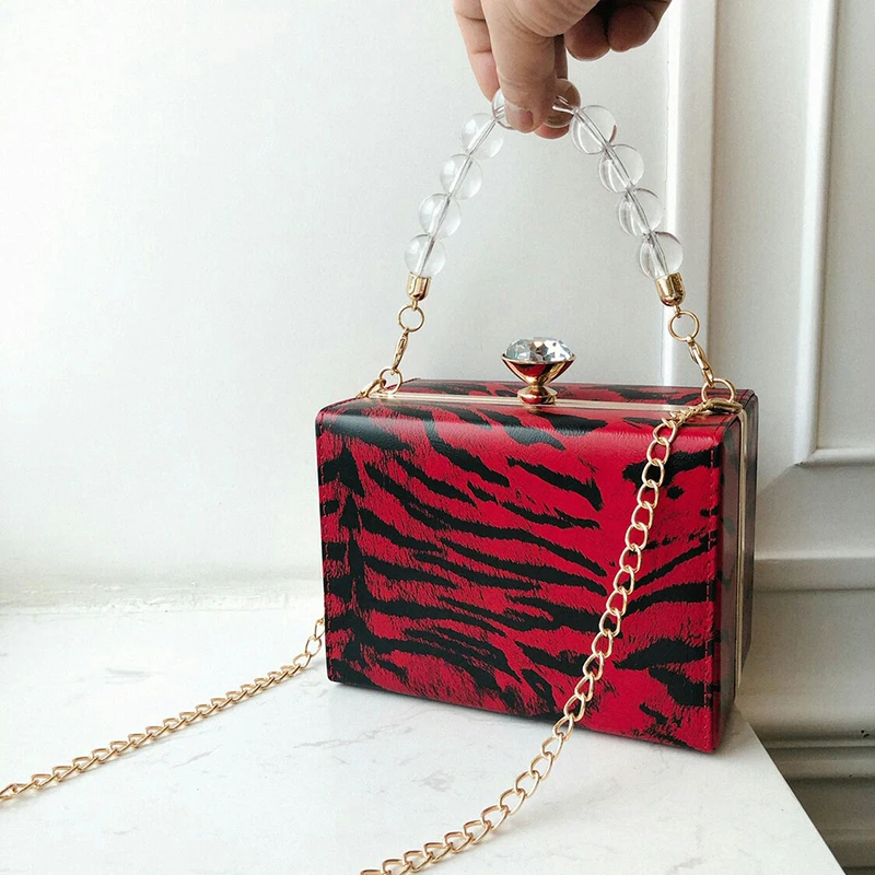

Retro Beading Handle Box Bag Women Handbags Fashion Tiger Pattern Small Flap Bags Luxury Rhinestone Shoulder Messenger Bag Purse