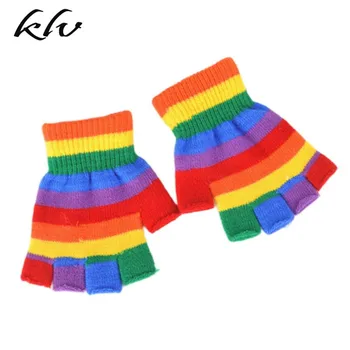 

Adult Children 80s Rainbow Stripes Patchwork Short Gloves Fingerless Wrist Length Knitted Theme Party Mittens Costume Accessorie