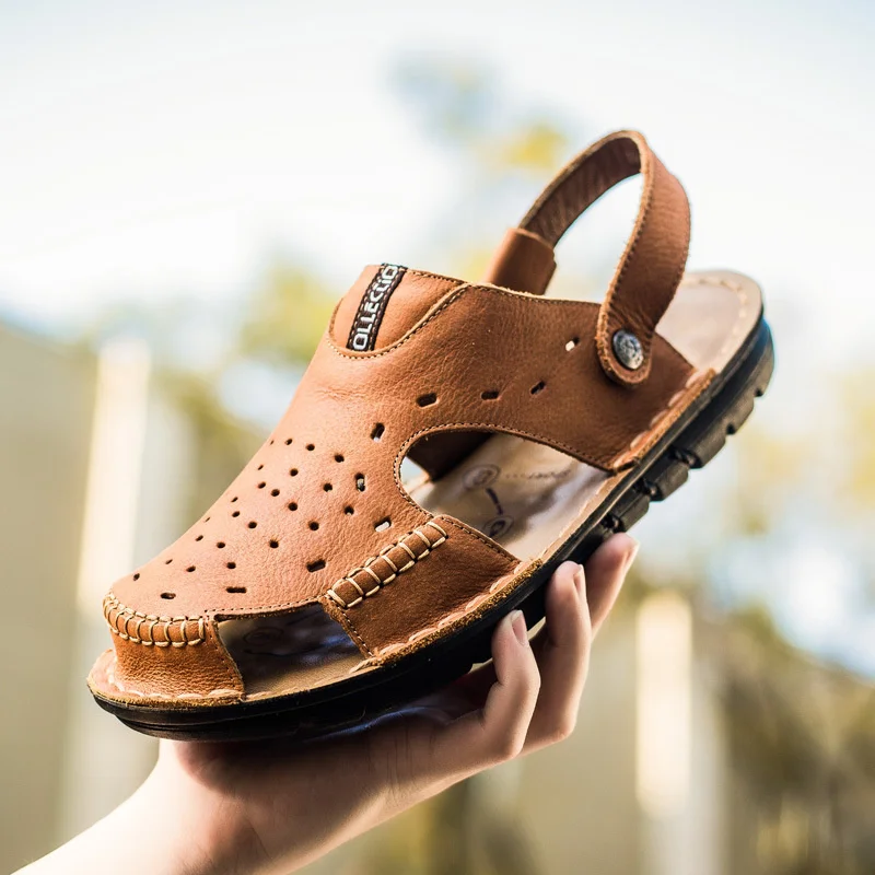 

Men sandals 2021 summer high quality genuine leather men slippers breathable male beach shoes non-slip outdoor footwear