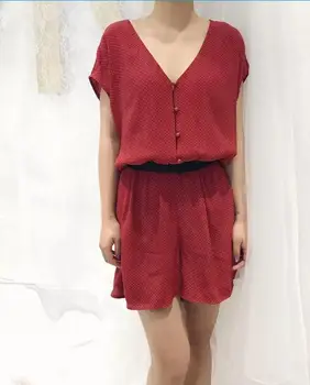

women summer Red polka dot print short-sleeved V neck playsuit with pretty little glitter buttons