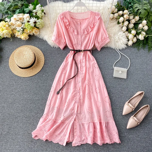 pink Платья Neploe с коротким рукавом и кружевами, однобортные, с круглым вырезом, до середины икры, Vestidos, новинка, для морского отдыха, женское платье 55870 - Цвет: pink