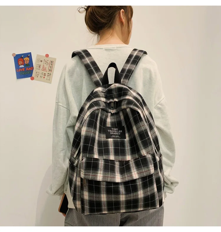 Fashion Plaid Canvas Women's Backpack Student Backpacks Teenage Girl School Bags Large Capacity Waterproof Travel Rucksack