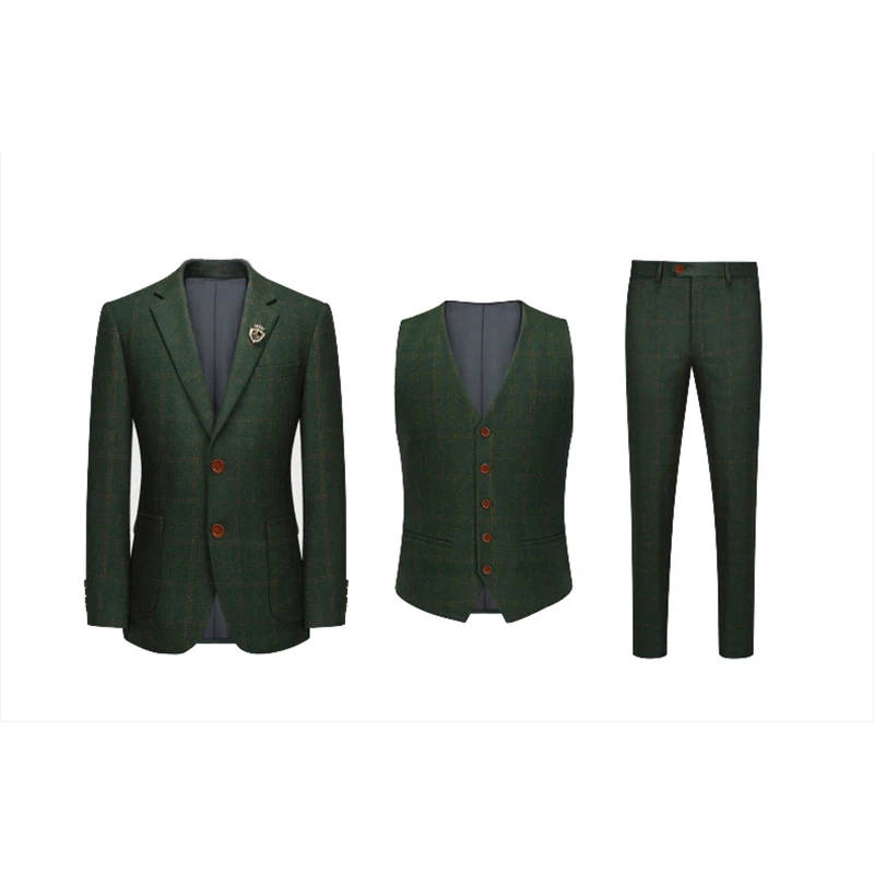 Шерстяной темно-зеленый клетчатый твидовый мужской костюм на заказ в стиле ретро мужской свадебный Блейзер 3 шт