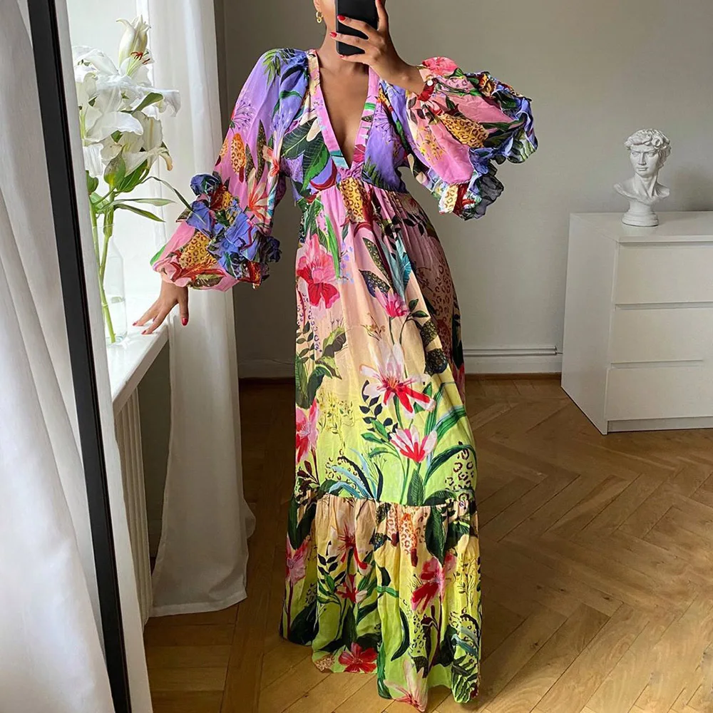 Floral Print V Neck Bohemian Dress