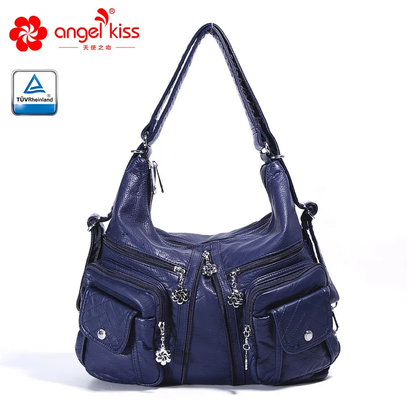 Blue Angelkiss Женская мода высокое качество промытый из искусственной кожи мотоцикл большой сумки на плечо мульти карман леди стильная сумка через плечо - Цвет: Blue