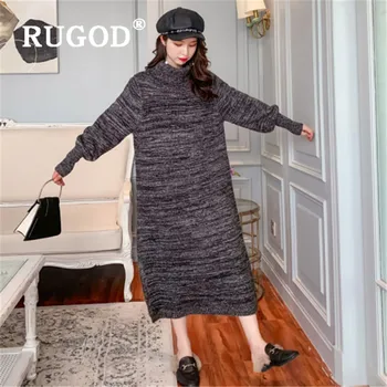 

RUGOD Autumn Winter New Style Chic Loose Turtleneck Long Dress Solid Color Sweater Dress Fashion 2019 Kpop Clothes