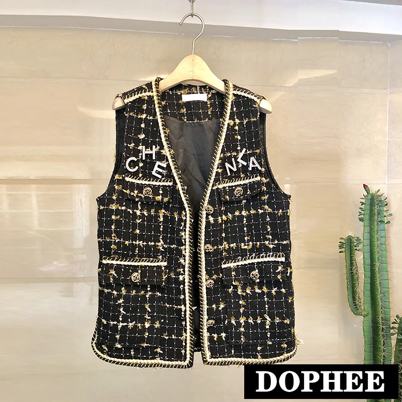 New Spring Fall Retro Gold Silk Plaid Outside Vest Women's Short Tweed Jacket Small Fragrance Diamond Waistcoat