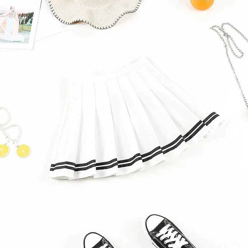 White blue stripe JLI мая, плиссированные юбки с высокой талией для девочек, шорты в полоску Харадзюку, юбка трапециевидной формы, мини, Японский Корейский стиль, милая школьная форма - Цвет: White blue stripe