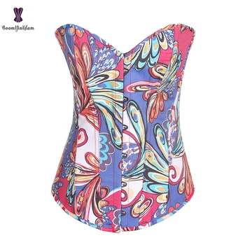 

Fashion Vintage Floral Overbust Corset Lace up Waist Trainer Bustier Top Blue Red Underwear Shaperwear Corselet