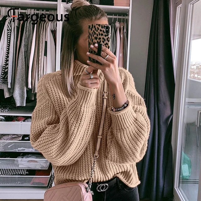 US $17.99 Fargeous Khaki Turtleneck Women Sweater Autumn Winter Long Sleeve Jumper 2019 Knitted Loose Fashion
