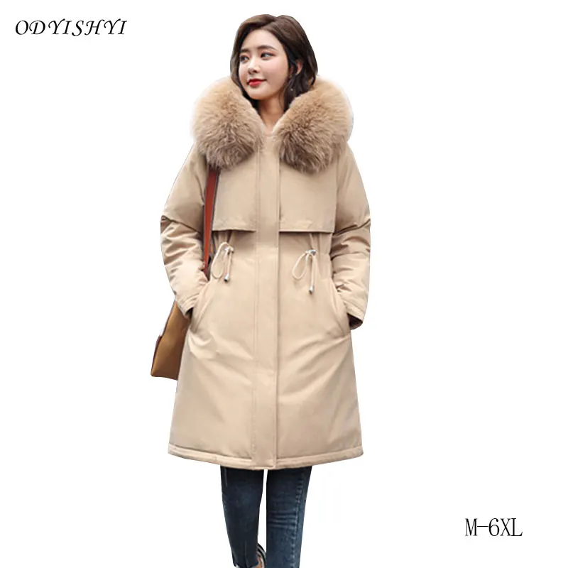 

Winter Warm Outwear 2020 Women Parka Snow Coat Plus velvet Cotton Jacket Fashion Big Fur collar Hooded Long Padded Jacket Female