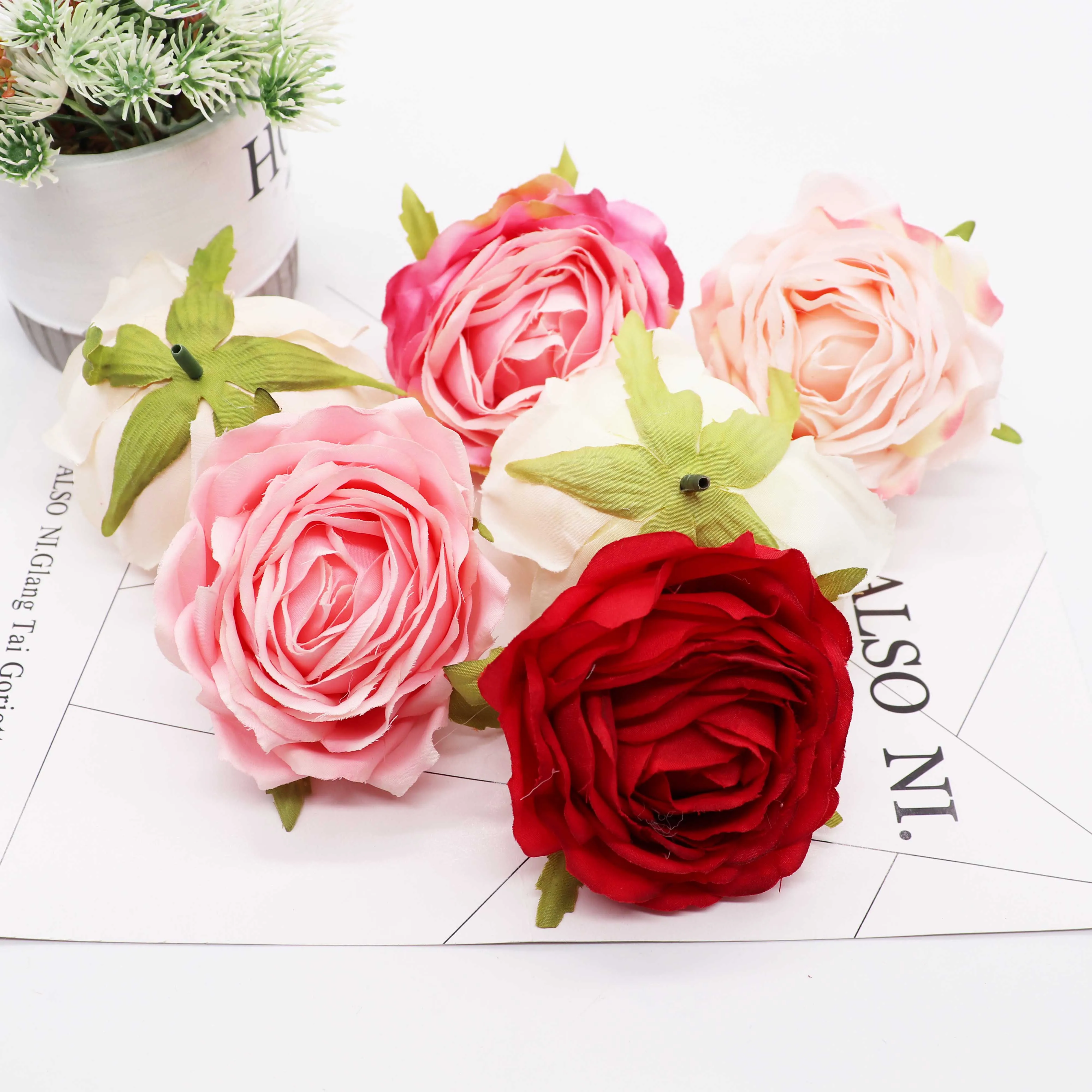 

Large Silk Blooming pink White Roses Artificial Flower Head For Wedding Decoration DIY Wreath Gift Scrapbooking Big Craft Flower