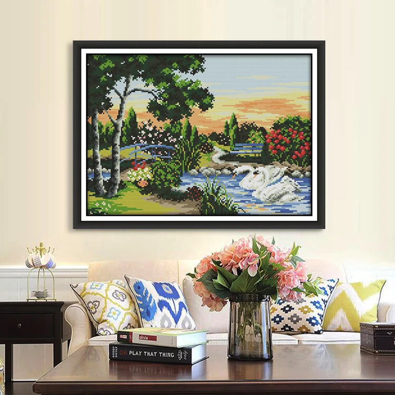 

Beautiful swan lake scenery counted 11 14CT Cross Stitch Set DIY DMC Chinese Cross-stitch gift Embroidery Needlework Home Decor