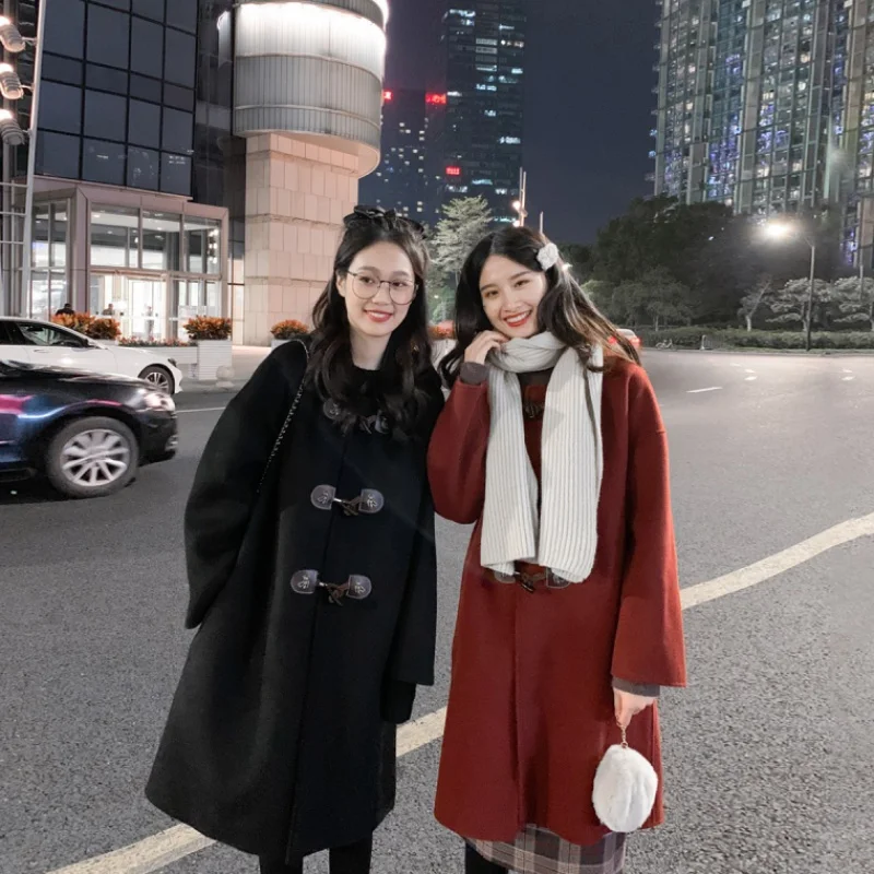 

Winter New Fashion Korean Style Women Hom Button Wool Hooded Long Warm Coat Office Lady Quality Elegant