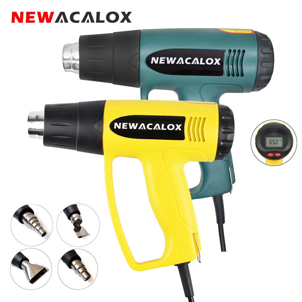Baratos Newacarax 2000W 220V enchufe de la UE pistola de aire caliente eléctrica Industrial termorregulación LCD pistolas de calor envoltura retráctil boquilla de calentador térmico