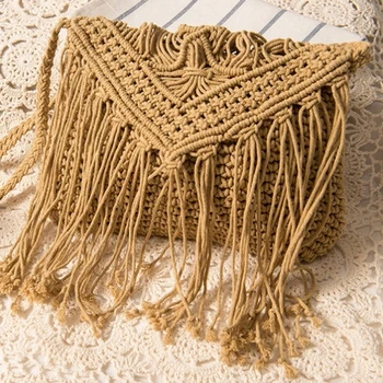 

Summer Women Handmade Straw Cotton Thread Bohemian Tassel Portable Bag Square Khaki Handbags New Fashion Beach Bag