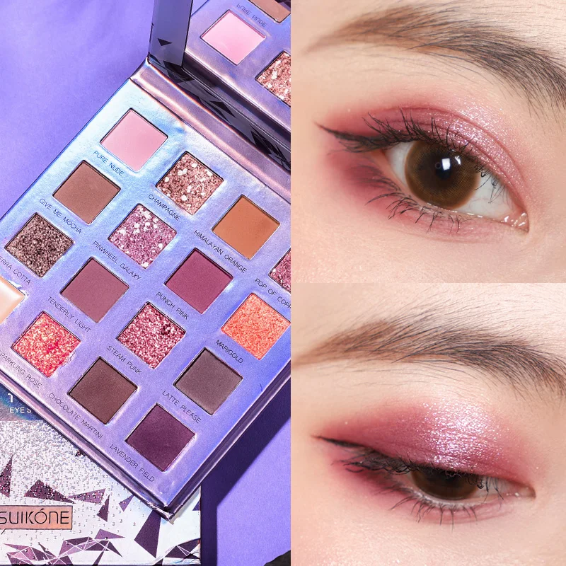 Suikone glitter eyeshadow palette 16 color superfine flash pigment waterproof long lasting sun rise matte eyeshadow powder AC101