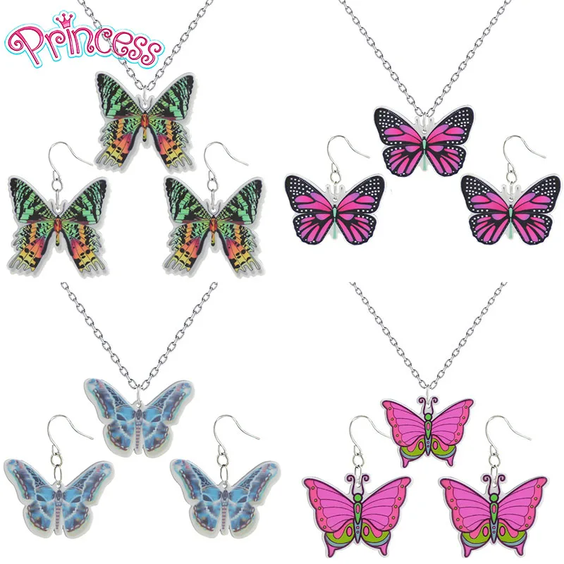 

2019 Fashion Girls Kids Gift Jewelry Beautiful Little Exotic Insect Butterfly Earring Pendant Short Chain Necklace Xma Gift KS23