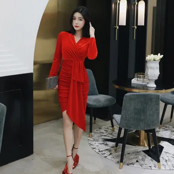 

2020 Autumn Winter Red Velvet Dress Women Solid Asymmetric Casual Bodycon Dress Women Vneck Draped Package Hip Wrap Dress Women
