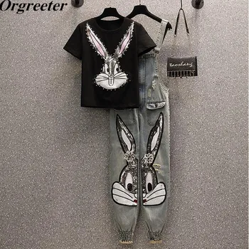 

Women Sequined Diamond Cartoon Rabbit Tshirt Jeans 2PCS Sets Cotton Tshirt and Denim Jumpsuits Overalls Suit Fashion Streetwear