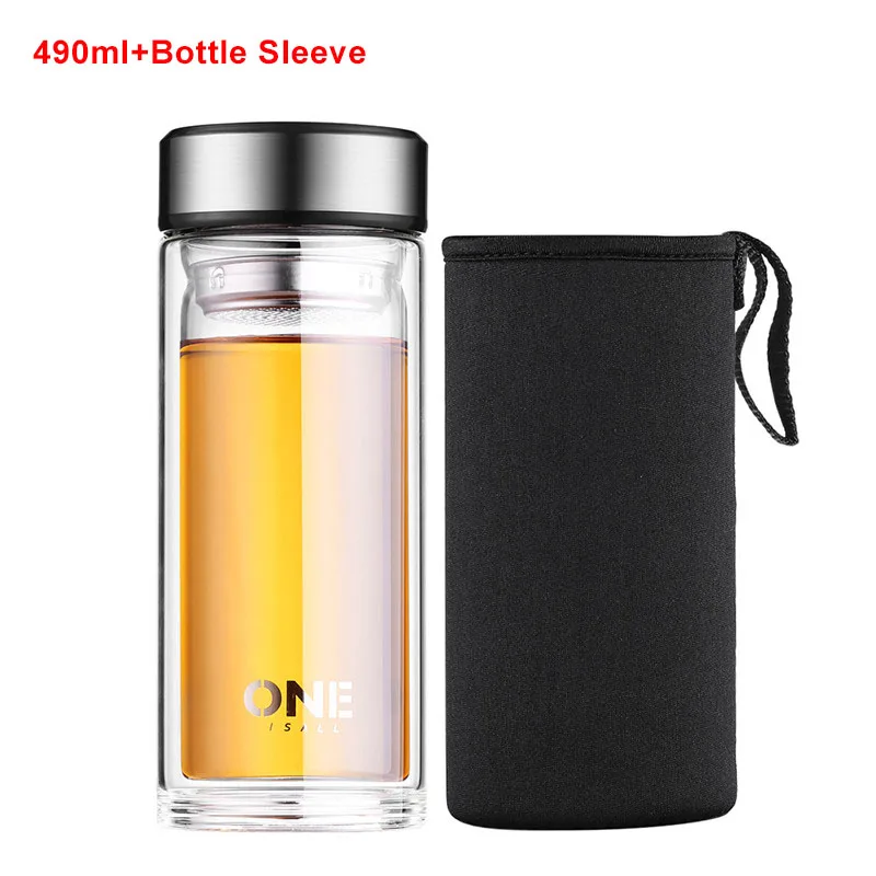 Стеклянная бутылка для воды с двойными стенками и ситечком для заварки чая, портативные дорожные кофейные бутылки, фильтр, посуда для напитков для офиса, чайный горшок - Цвет: Silver-490ML