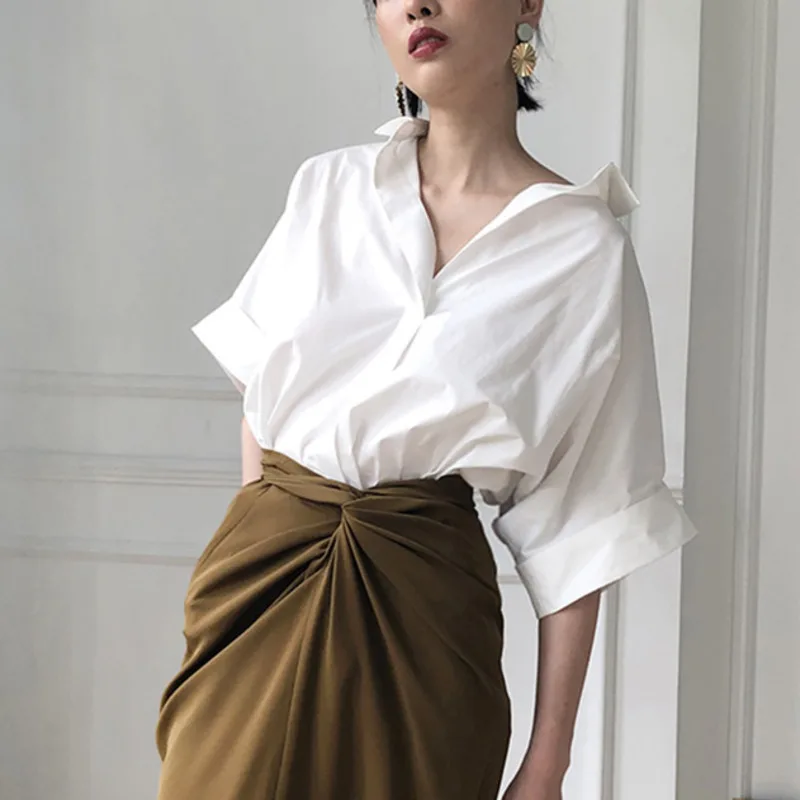 LANMREM Solid Color Lapel Short Sleeve Pleated Woman Shirt Sweet Joker Casual Simple Fashion 2020 Summer New TV193 |