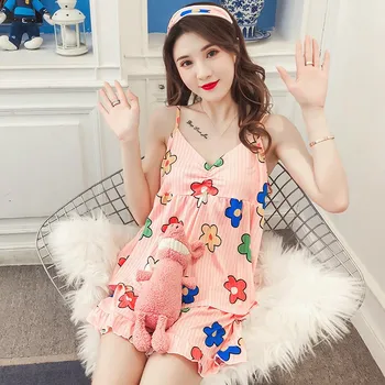 

2020 Women Printed Sleepwear Suit Summer Pajama Sets With Chest Pads Sweet Sexy Sling Tank Top And Shorts 2 Pcs Set