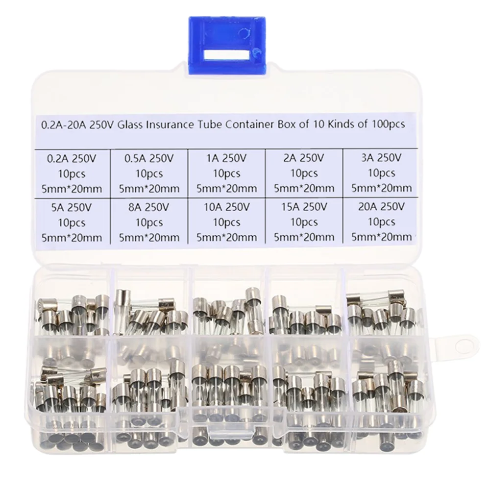Car Fuses Kit Tube Fuses Glass Fuse Kit 100Pcs Set 5x20mm Quick Blow Car Glass Tube Fuse Assorted Kits Fast-blow Glass Fuses 0.2A 0.5A 1A 2A 3A 5A 8A 10A 15A 20A