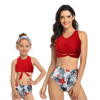 

Printing Vest Swimwear Women Front Crossed Bathing Suit Parent-child Sexy Swimsuit Femme Mother-daughter Beach Bikini Set