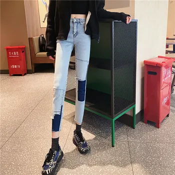 

Spring new retro contrast color skinny feet high waist jeans women