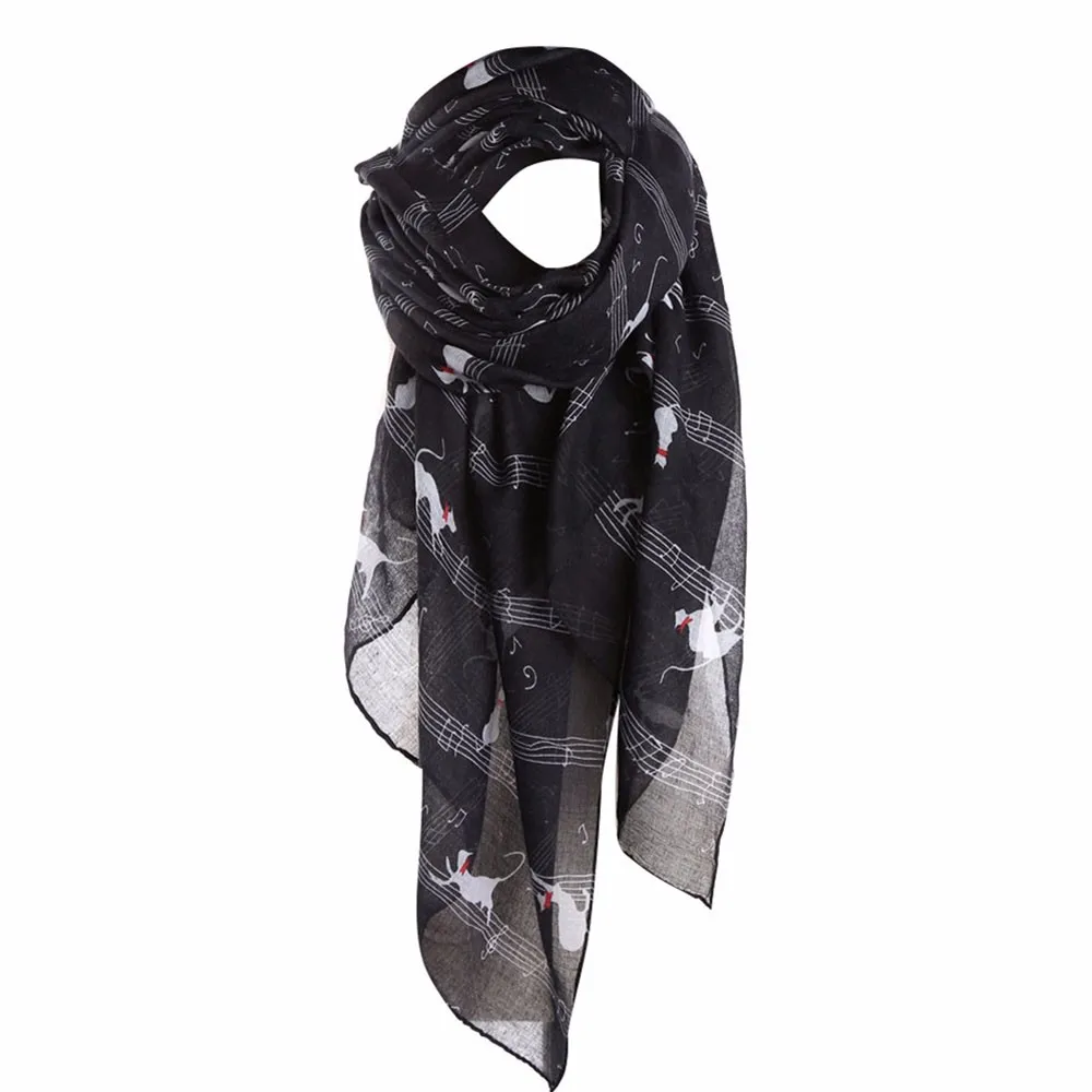 20# Mujeres segnoras музыкальная нота gato estampado bufanda larga abrigo chal impreso bufanda mujer invierno cálido cuello bufandas - Цвет: Black