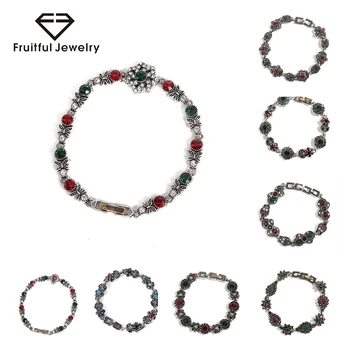 

Fruitful Ancient Silver Vintage Alloy Red Green Match Flower Bracelet Petals Multicolour Rhinestones Jewelry Women Party Gifts