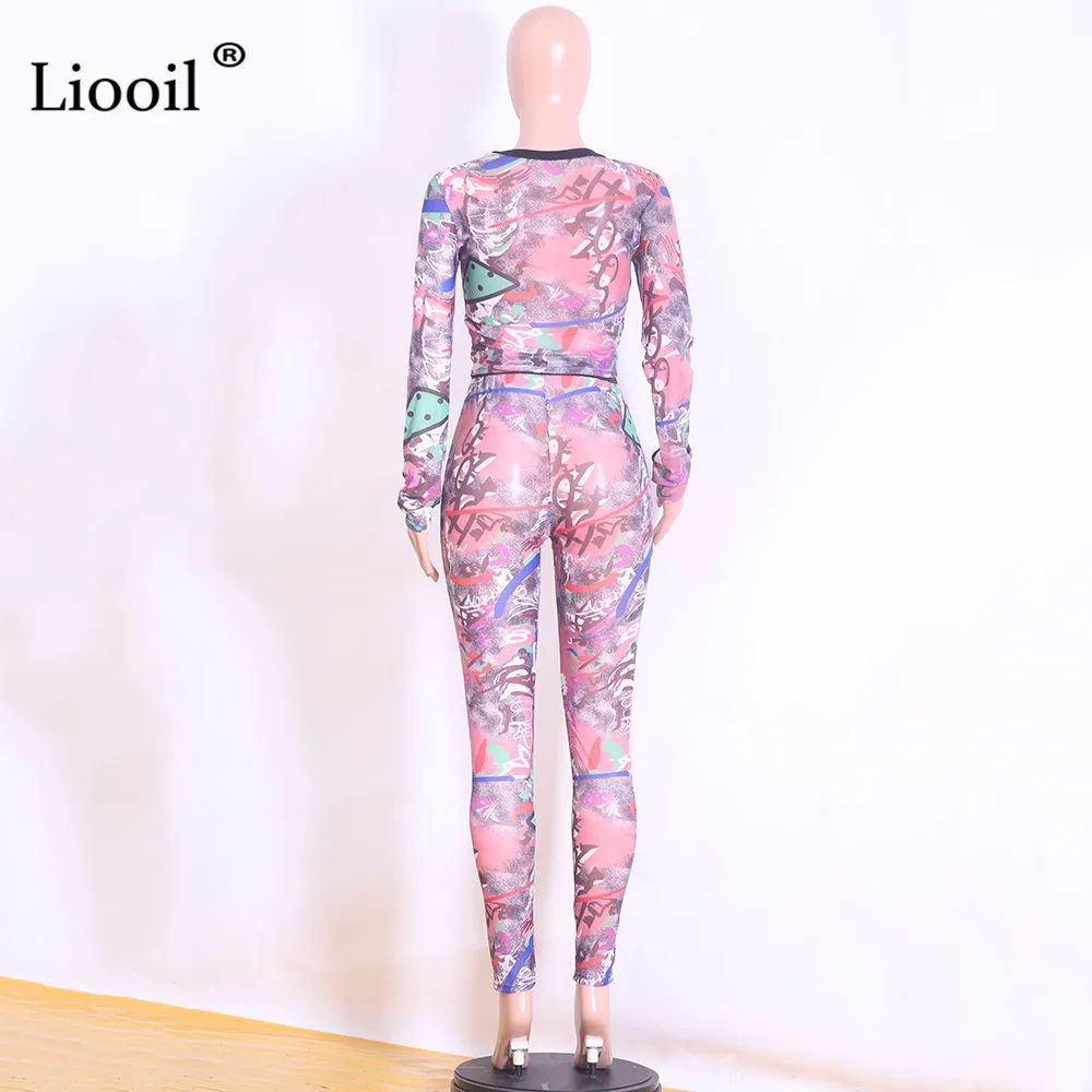 Liooil/красочные две детали с принтом, сетчатый прозрачный комплект, женские сексуальные Клубные наряды, осень, футболка с длинными рукавами и круглым вырезом, топ и брюки-карандаш