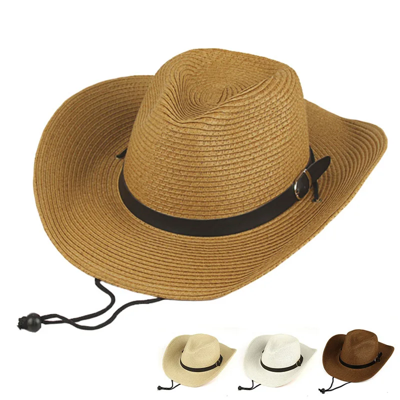 

Spring Cowboy Hats with Leather for Women Men Foldable Sunscreen Straw Hats UPF50+
