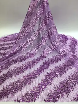 

5yards/lot wonderful embroidered African sequins French net lace lilac purple Nigerian party lace fabric for dress RRF004