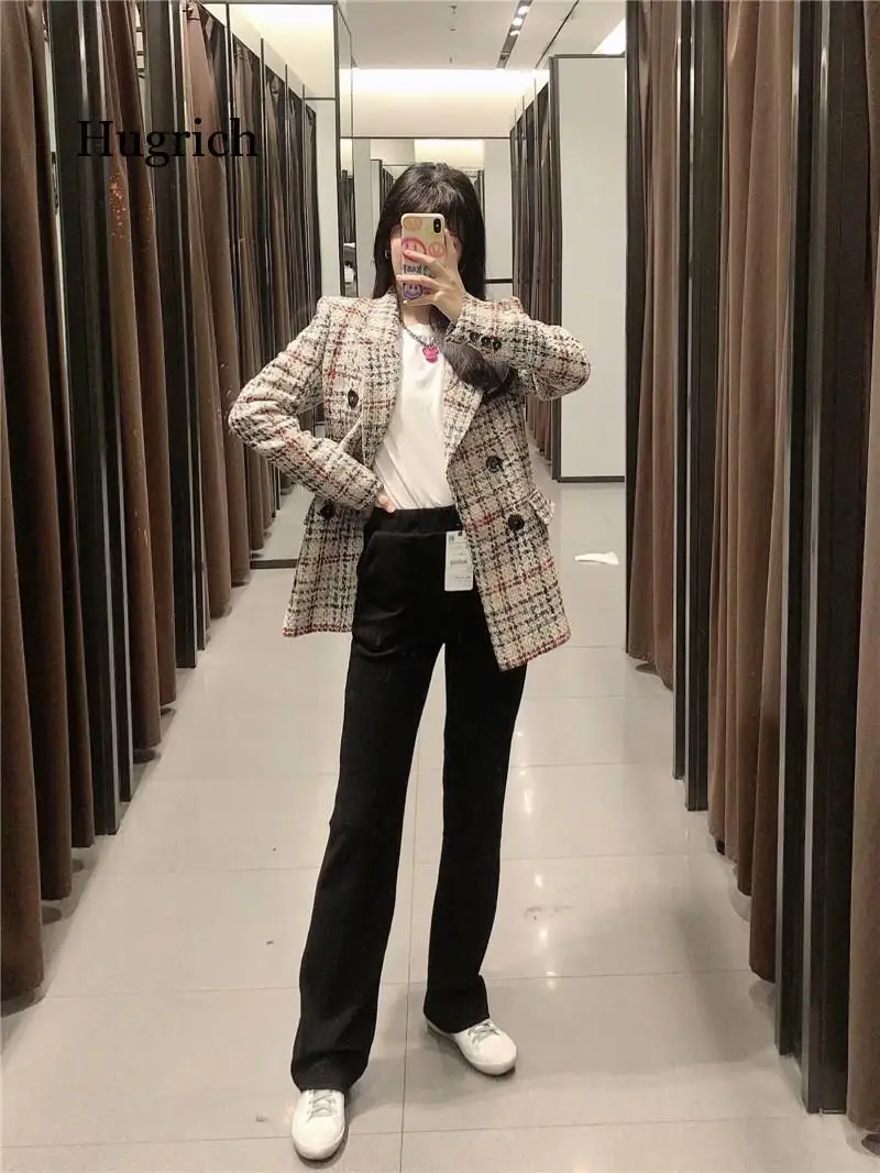 Women 2021 Fashion Double Breasted Tweed Check Blazers Coat Vintage Long Sleeve Pockets Female Outerwear Chic Tops