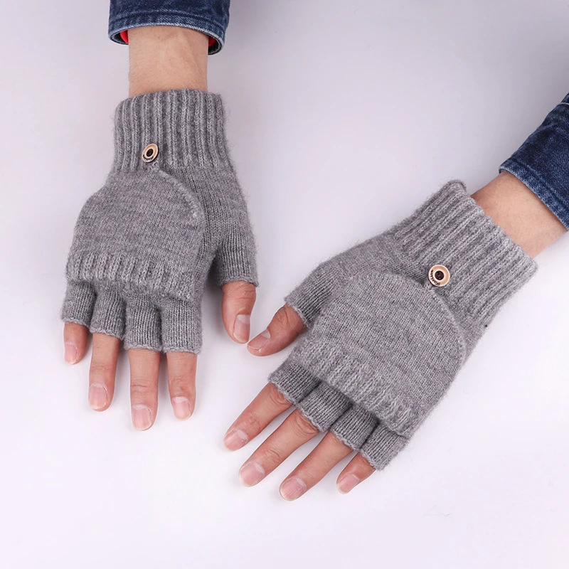 1 pair Wool Knitted Fingerless Flip Gloves Winter Warm Touchscreen