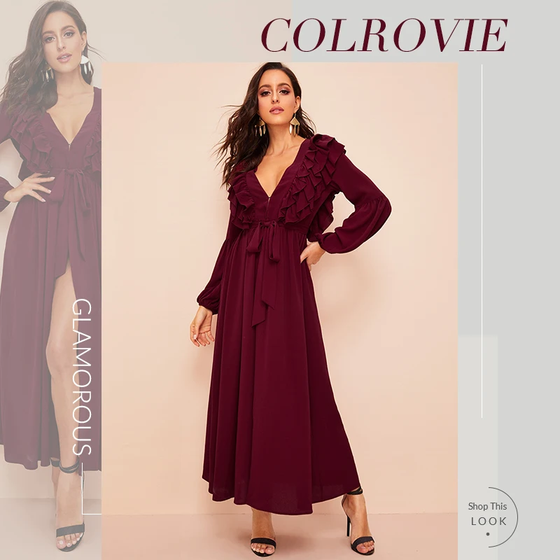 COLROVIE Женские топы с глубоким v-образным вырезом, с поясом, с поясом, с рукавами-Бишопом, осень, с глубоким v-образным вырезом, однотонные, длинные, abaya s