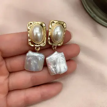 

French Natural Baroque Square Pearl Earring Elegant Retro White Stud Drop Royal Earrings aros orecchini donna aretes oorbellen