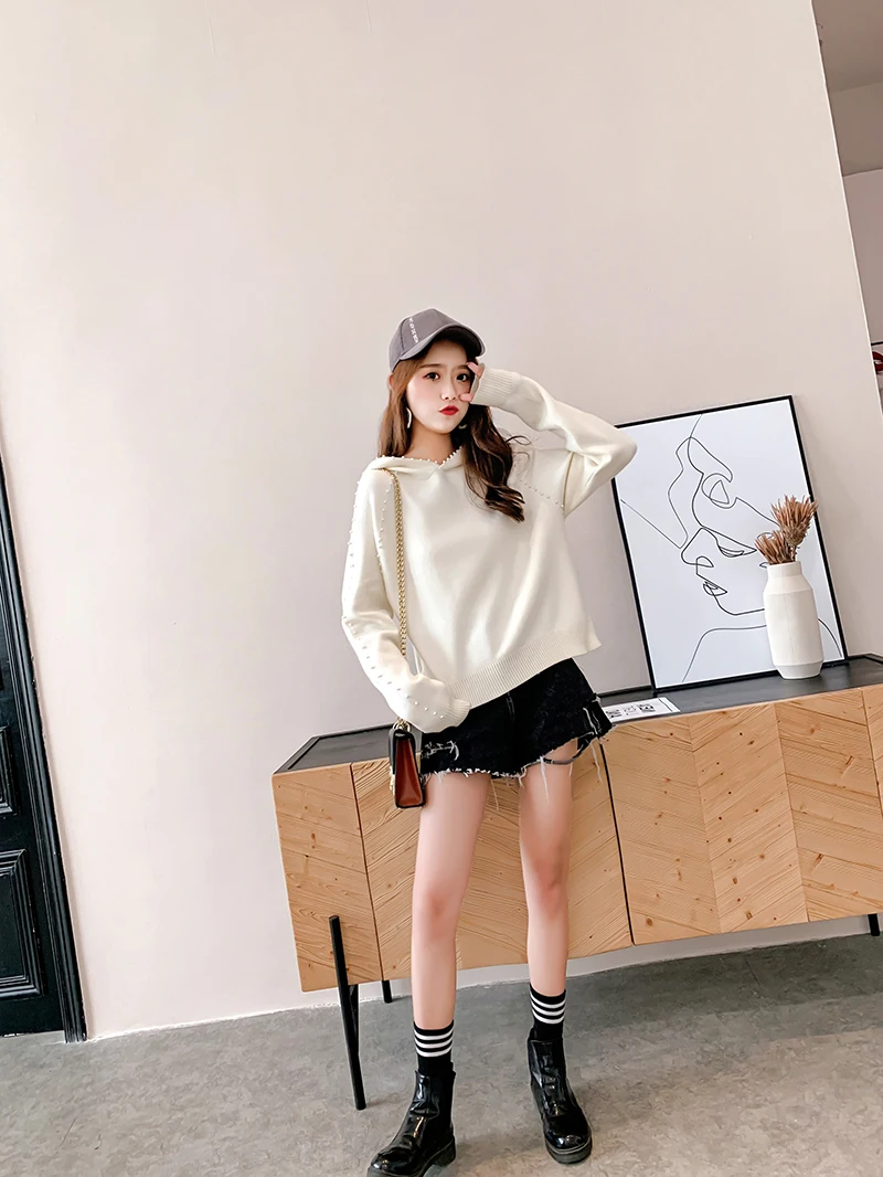 Sueter mujer invierno вязаный свитер женский офисный женский Однотонный черный свитер с круглым вырезом и бисером женский корейский топ топы с капюшоном 0341